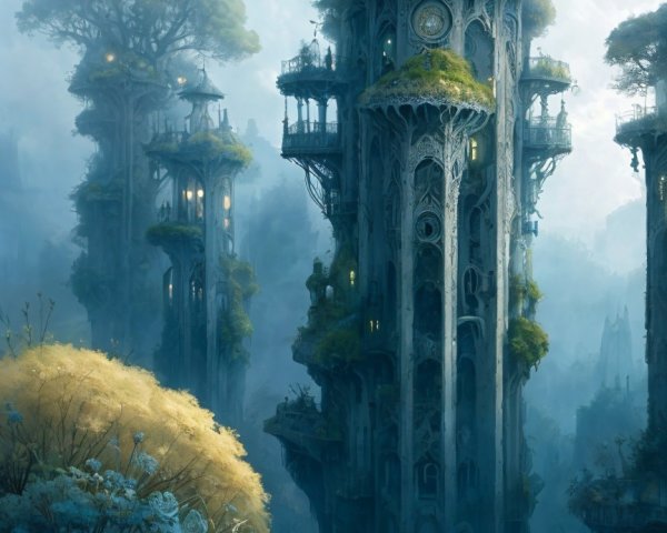 Mystical Landscape with Towering Structures and Foliage