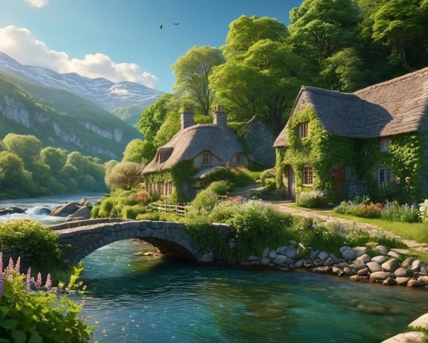 Cottage Surrounded by Nature, River, and Mountains