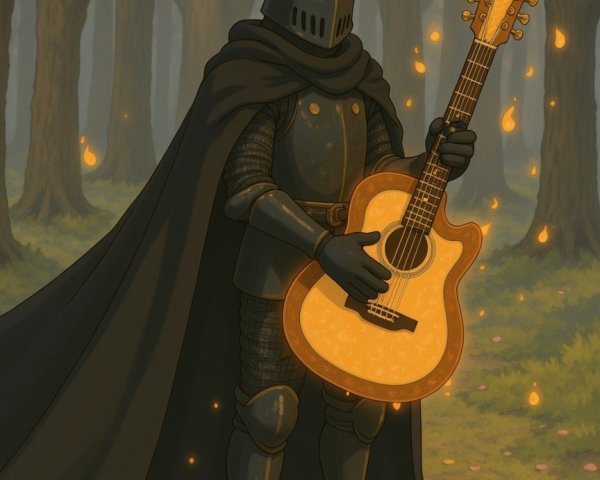 Mysterious Knight with Guitar in Enchanted Forest