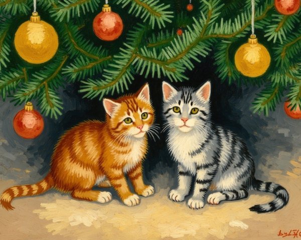 Kittens Under a Colorful Christmas Tree Scene