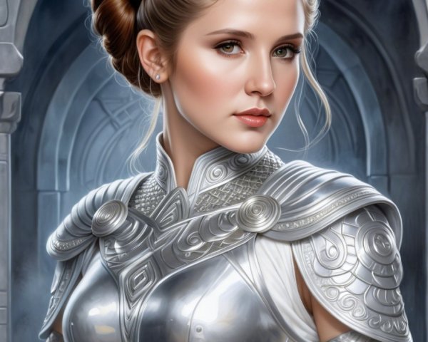 Regal Woman in Ornate Silver Armor in Gothic Setting