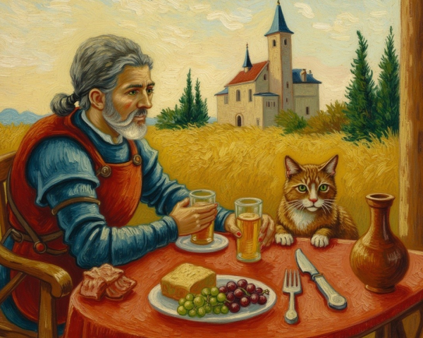 Knight at Rustic Table with Cat and Countryside View