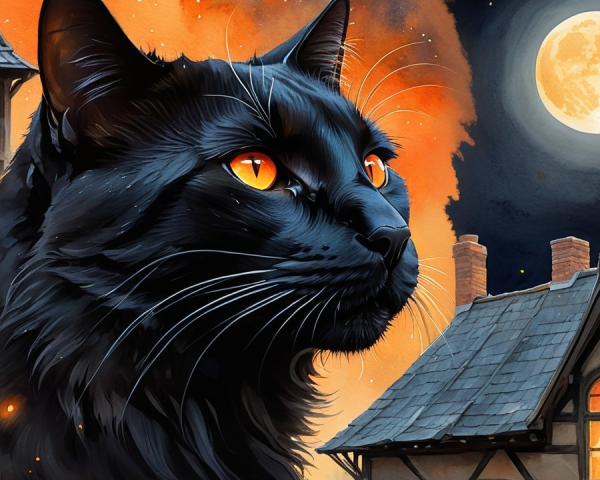 Black Cat with Orange Eyes Against Twilight Sky