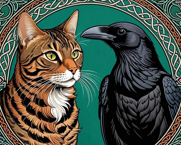 Bengal Cat and Crow Illustration with Celtic Patterns