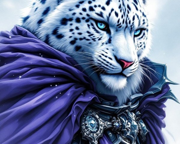 Majestic snow leopard in ornate armor and purple cloak