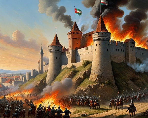 Dramatic Medieval Fortress Under Siege in Flames
