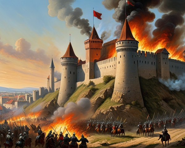 Dramatic Medieval Fortress Under Siege in Flames