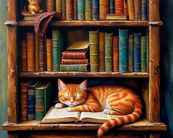 Cozy Wooden Bookshelf with Cats and Vintage Books