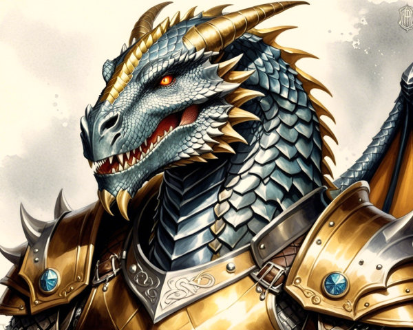 Majestic dragon with blue and silver scales and armor