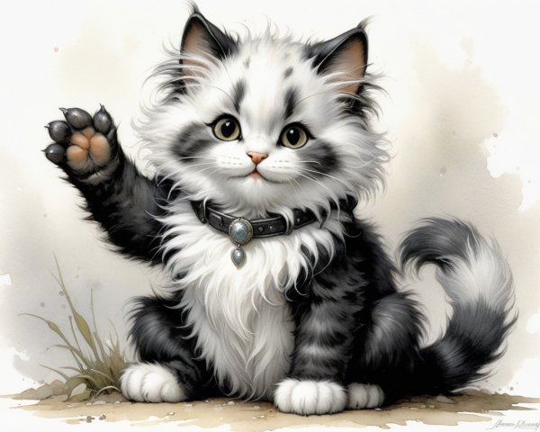 Fluffy Black and White Kitten with Playful Expression