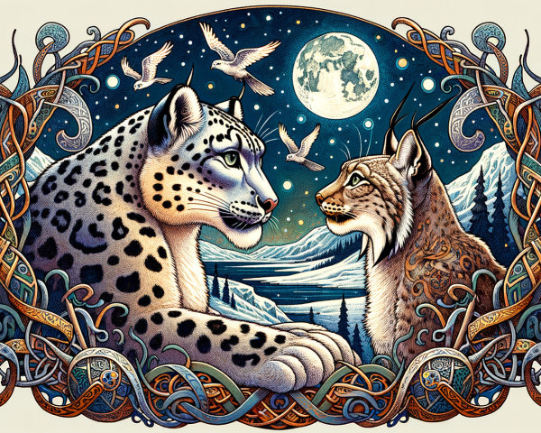 Snow Leopard and Lynx in Enchanting Landscape Scene