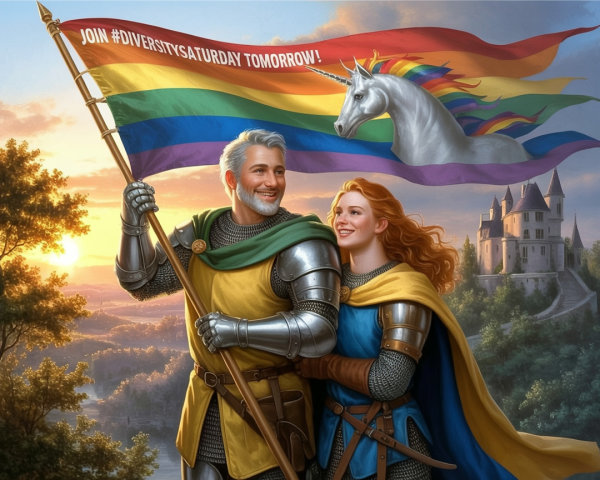 Knight and Woman with Rainbow Flag in Sunlit Landscape