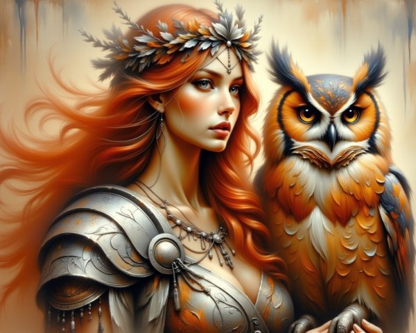 Portrait of a red-haired woman with owl and armor