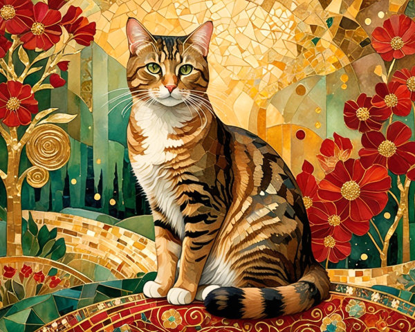Cat Against Vibrant Mosaic-Style Floral Background
