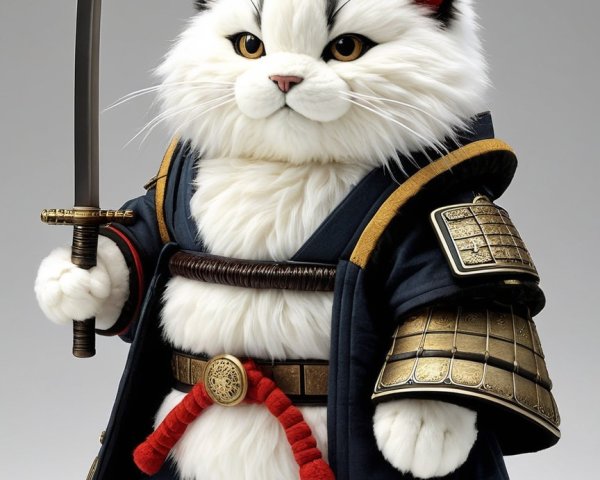 Fluffy White Cat in Samurai Outfit with Katana