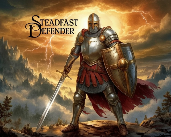 Knight in Armor with Sword in Dramatic Landscape