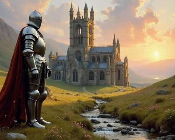 Knight on Hill Overlooking Medieval Cathedral at Sunset