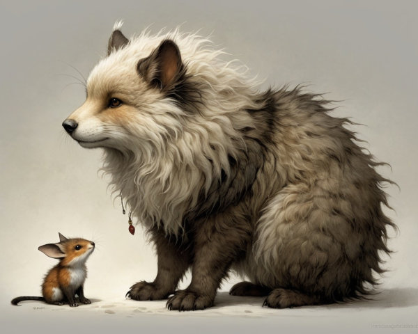 Fluffy Dog and Mouse Friendship in Soft Background