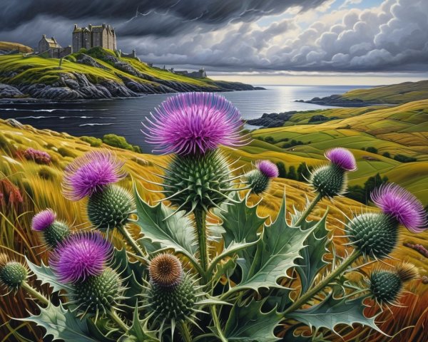 Vibrant Thistle and Castle on Dramatic Coastline