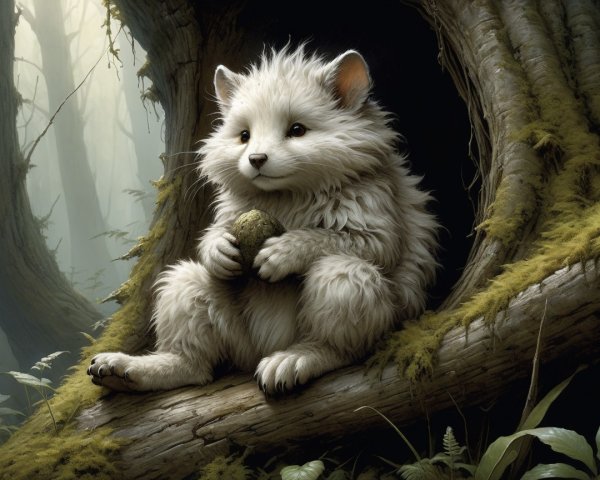 Fluffy White Creature in Tree Hollow of Mystical Forest
