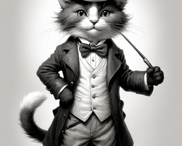 Anthropomorphic cat in tuxedo with cane and top hat