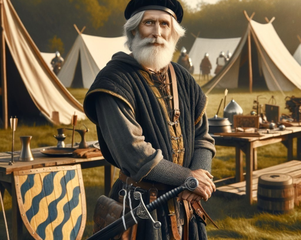 Elder with Sword in Medieval Campsite Setting