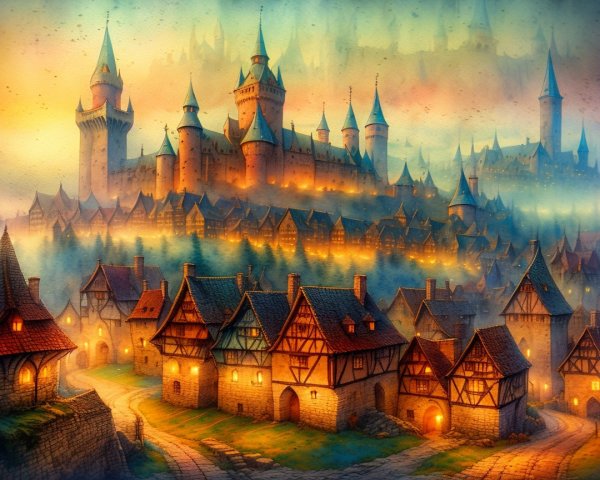 Medieval Village with Castle in Misty Valley