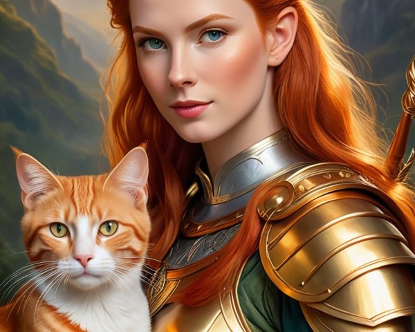 Young Woman in Golden Armor with Cat in Landscape