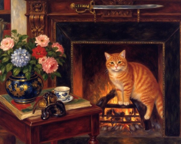 Cozy Interior with Fireplace and Orange Tabby Cat