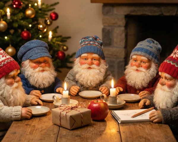 Five Gnomes in Knitted Hats at Rustic Wooden Table