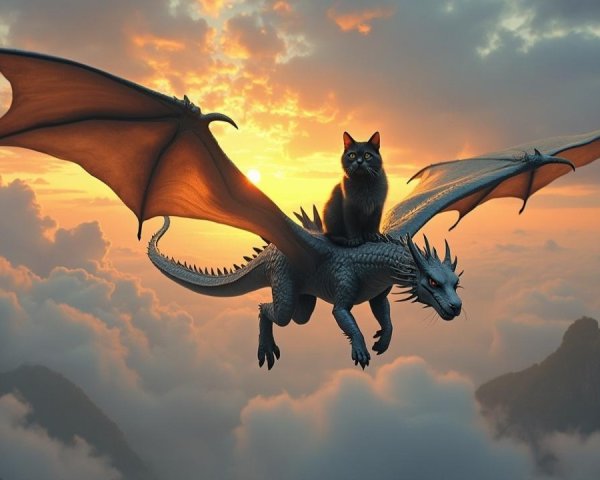 Dragon Flying at Sunset with Cat on Its Back
