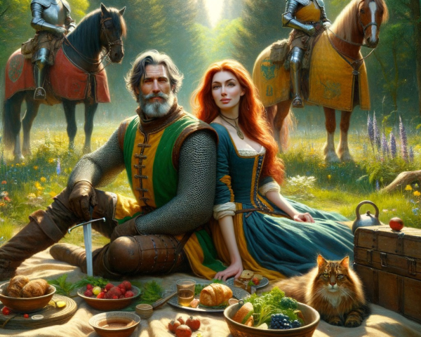 Medieval Picnic Scene with Knights and a Cat