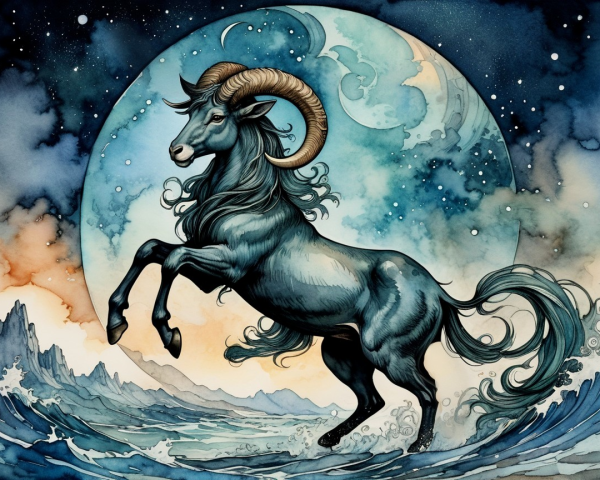 Mythical Goat Creature Against Celestial Moonlit Waves