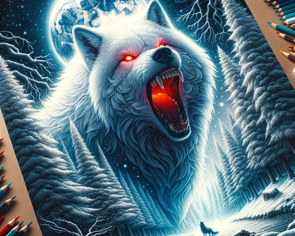 White Wolf Howling at Full Moon in Starry Forest