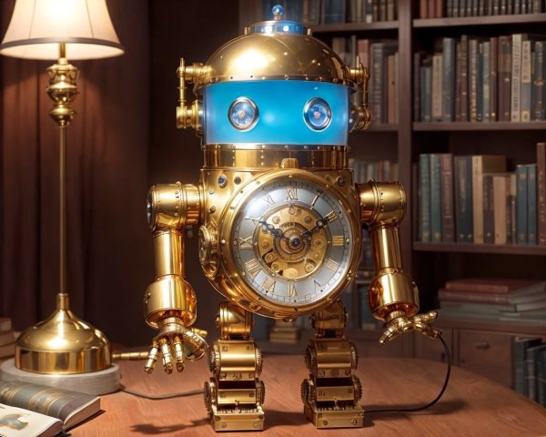 Whimsical Golden Robot with Steampunk Design on Table
