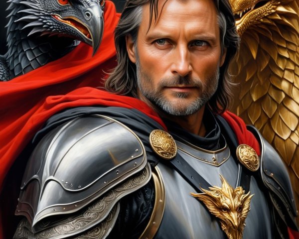 Warrior in Silver Armor with Two Majestic Dragons