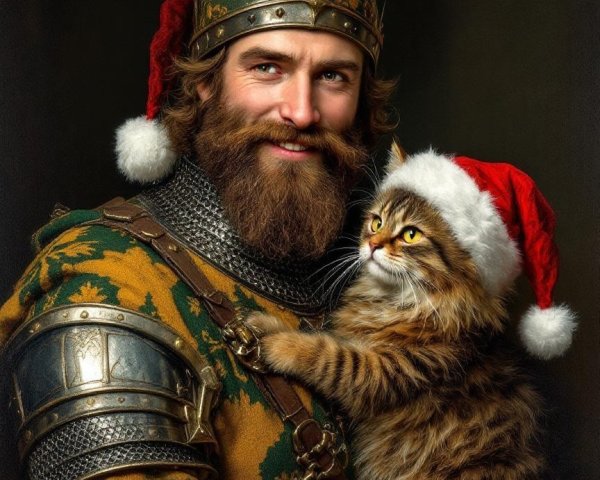 Man in Medieval Costume Holding Cat in Santa Hat