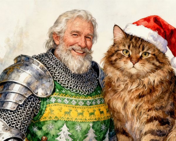 Watercolor of Old Man and Cat in Christmas Attire