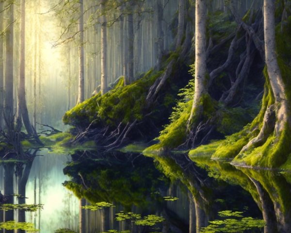 Serene forest scene with tall trees and tranquil pond