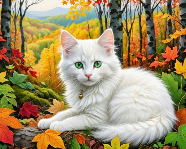 Fluffy White Cat Among Colorful Autumn Leaves