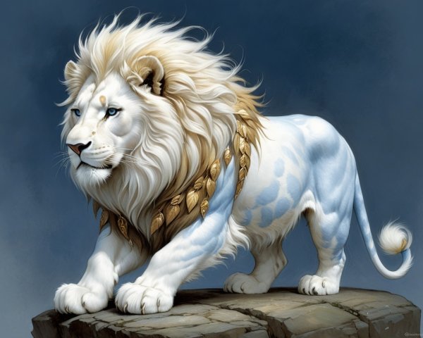 Majestic white lion on rocky outcrop with blue eyes