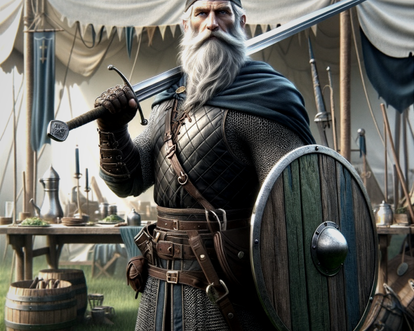 Warrior in Armor with Sword and Shield at Camp