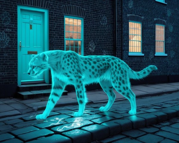 Glowing Blue Cheetah on Cobblestone Street at Night