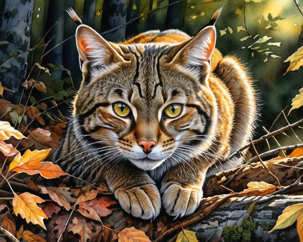 Bobcat Illustration in Forest with Autumn Colors