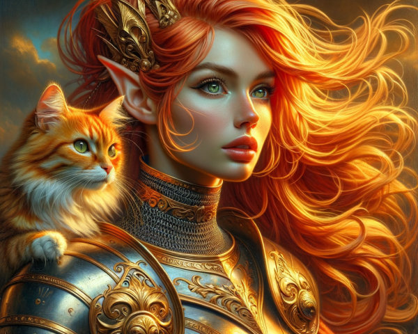 Regal elf princess in golden armor with a cat