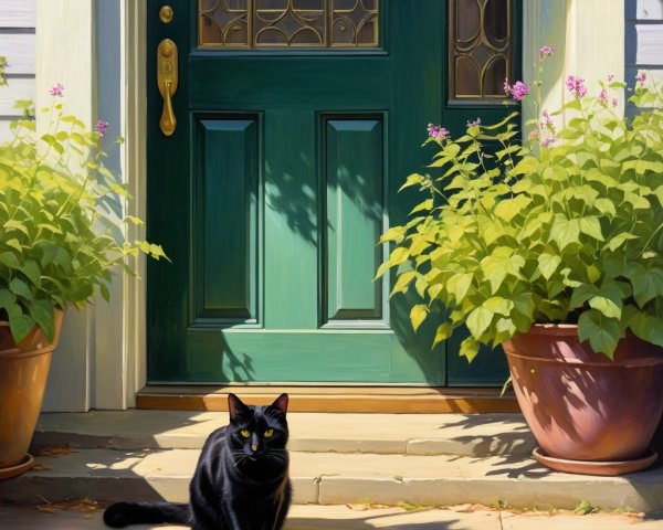 Black Cat on Porch by Green Door with Potted Plants