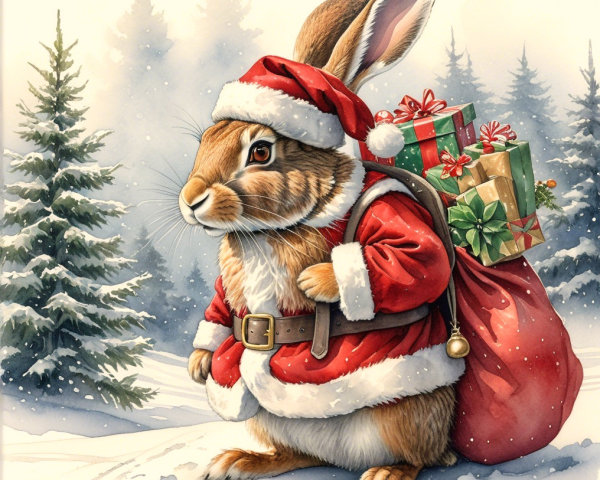 Festive Rabbit in Santa Outfit Surrounded by Snow