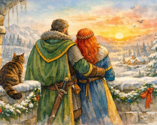 Watercolor of Medieval Couple in Snowy Landscape