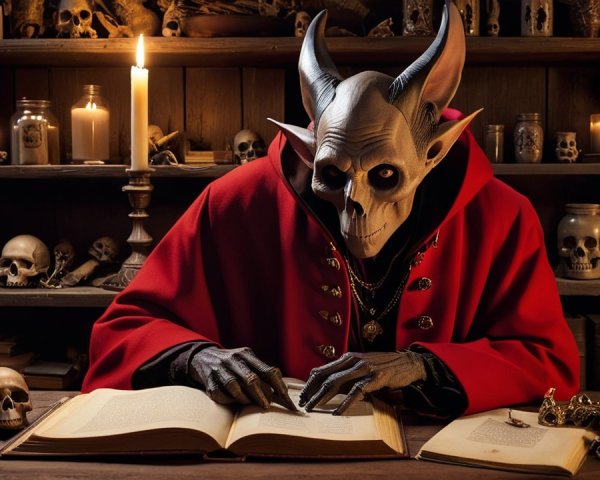 Skeletal Figure in Red Cloak Surrounded by Artifacts
