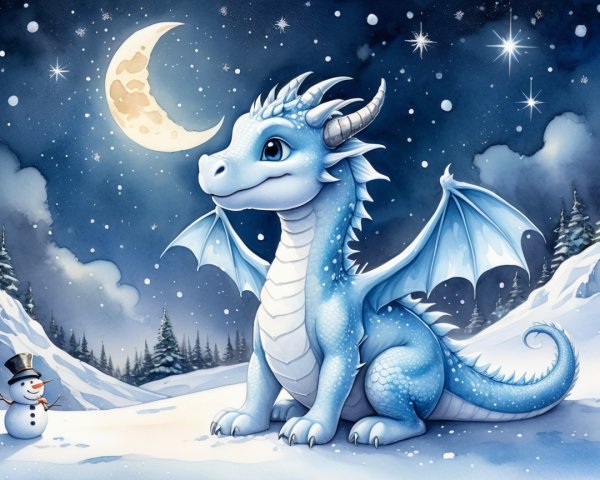 Blue dragon in snowy landscape with snowman and moon